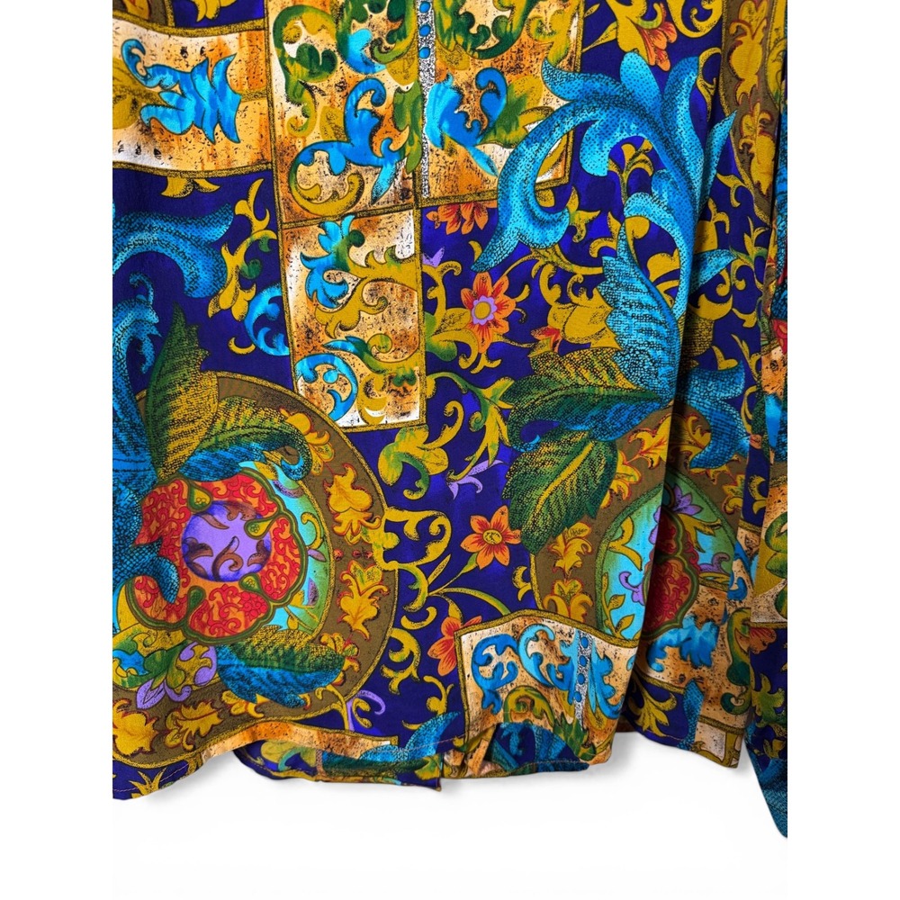 Vintage Bob Mackie Silk‎ Blouse Womens 6 Blue Baroque Floral Shawl Collar Top - Picture 9 of 11